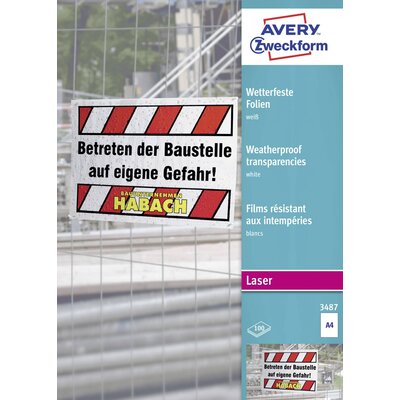 Avery-Zweckform OHP Laserfolie 3487 Vízálló fólia DIN A4 Lézernyomtató, Színes lézernyomtatás, Másoló, Színes fénymásolás Fehér 100 db