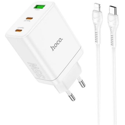 HOCO N33_W_LIGHTNING-TYPE-C HOCO N33 hálózati töltő USB+2 Type-C aljzat (35W, PD gyorstöltő 3.0 + lightning kábel) FEHÉR