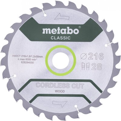 Metabo CORDLESS CUT WOOD CLASSIC 628284000 Körfűrészlap 216 x 30 x 1.2 mm Fogak száma (collonként): 28 1 db