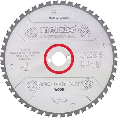 Metabo PRECISION CUT WOOD - PROFESSIONAL 628221000 Keményfém körfűrészlap 254 x 30 x 1.8 mm Fogak száma (collonként): 48 1 db