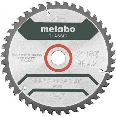 Metabo Precision cut Wood - Classic 165X20 Z42 WZ 5° 628026000 Keményfém körfűrészlap 165 x 20 x 1.2 mm Fogak száma (collonként): 42 1 db