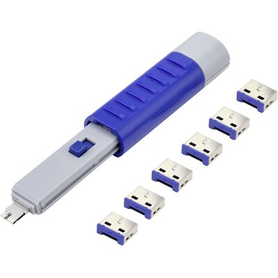 USB port zár, 6 részes készlet 1 kulccsal, ezüst/kék, Renkforce RF-4714586