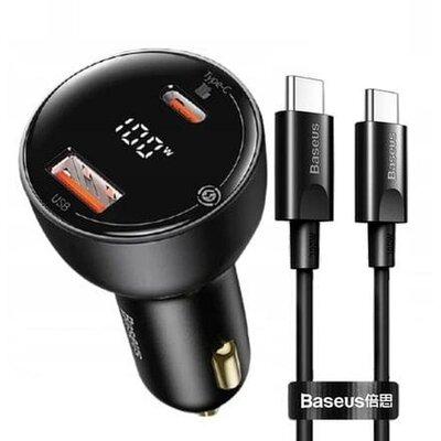 BASEUS autós töltő USB A + C típus digitális kijelzővel + kábel C-típusú C-típusú PD3.0 QC4.0 5A 100W TZCCZX-01 fekete