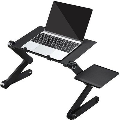 Univerzális laptoptartó, maximum 17&quot; laptopokhoz, multifunkciós, több ponton állítható, dupla hűtőventilátorral, egértartó tálcával, fekete