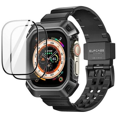 Apple Watch Ultra (49 mm), Műanyag + szilikon védőkeret, + 2 db kijelzővédő üveg, közepesen ütésálló, SupCase Unicorn Beetle Pro Glass, fekete