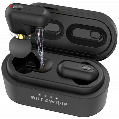 Bluetooth sztereó fülhallgató, v5.0, TWS, töltőtok, funkció gomb, zajszűrővel, vízálló, BlitzWolf BW-FYE7, fekete