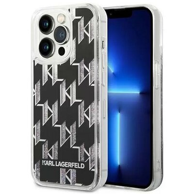 Apple iPhone 14 Pro Max, Műanyag hátlap védőtok, Monogram minta, Karl Lagerfeld Monogram Liquid Glitter, fekete