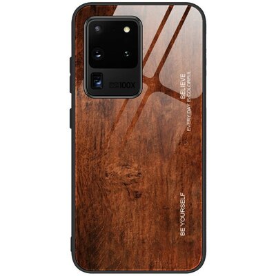 Xiaomi Redmi 7A, Szilikon védőkeret, edzett üveg hátlap, fa minta, Wooze Wood, barna