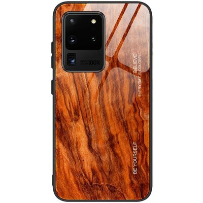 Xiaomi Redmi 7A, Szilikon védőkeret, edzett üveg hátlap, fa minta, Wooze Wood, rozsdabarna