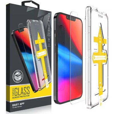 Apple iPhone 15, Kijelzővédő fólia, ütésálló fólia (az íves részre NEM hajlik rá!), Tempered Glass (edzett üveg), segéd kerettel, Wooze Gorilla Glass, Clear