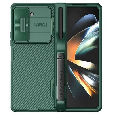 Samsung Galaxy Z Fold5 SM-F946B, Műanyag hátlap + szilikon keret, közepesen ütésálló, kamera védelem, csíkos minta, Nillkin CamShield Pro, sötétzöld