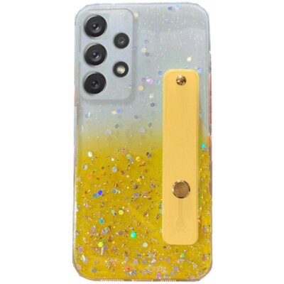Apple iPhone 14 Pro, Szilikon tok, közepesen ütésálló, kézpánttal, színátmenetes, csillogó minta, Wooze Strap Star, mintás/sárga