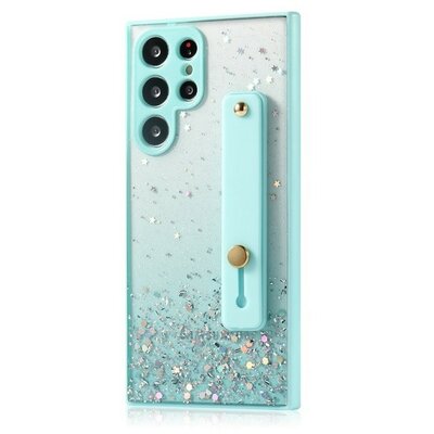 Apple iPhone 15, Szilikon tok, közepesen ütésálló, kézpánttal, színátmenetes, csillogó minta, Wooze Strap Star, mintás/menta