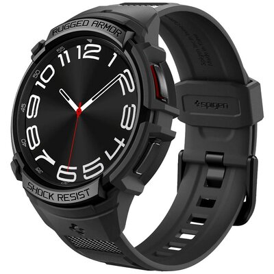 Samsung Galaxy Watch 6 Classic (43mm) SM-R950 / R955, Szilikon védőkeret, ütésálló, szíjjal, Spigen Rugged Armor Pro, fekete