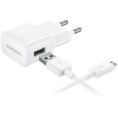 Hálózati töltő adapter, 5V / 1550mA, USB aljzat, microUSB kábellel, Samsung, fehér, gyári