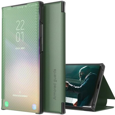 Samsung Galaxy M21 SM-M215F, Oldalra nyíló tok, stand, hívás mutatóval, kevlár minta, Wooze Smart View Cover Carbon, zöld