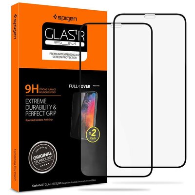 Apple iPhone XR / 11, Kijelzővédő fólia, ütésálló fólia (az íves részre is!), Tempered Glass (edzett üveg), 3D Full Cover, Spigen Glastr Slim Full Cover, fekete, 2 db / csomag