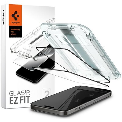 Apple iPhone 15 Pro Max, Kijelzővédő fólia, ütésálló fólia (az íves részre is!), Tempered Glass (edzett üveg), Spigen Ez Fit, fekete, 2 db / csomag