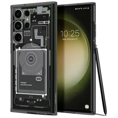 Samsung Galaxy S23 Ultra SM-S918, Műanyag hátlap védőtok + szilikon keret, Telefon belső minta, Spigen Ultra Hybrid Zero One, átlátszó/füst