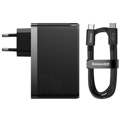 Hálózati töltő adapter, 140W, USB aljzat, 2 x USB Type-C aljzat, USB Type-C - USB Type-C kábellel, gyorstöltés, PD 3.1, QC, GaN5, Baseus GaN5 Pro, fekete