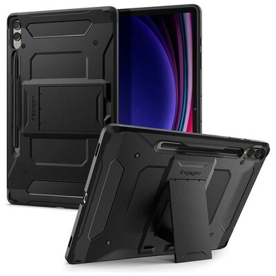 Samsung Galaxy Tab S9 Plus 12.4 SM-X810 / X816B, Szilikon tok + műanyag hátlap, kitámasztóval, érintő ceruzatartóval, Spigen Tough Armor Pro, fekete