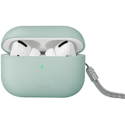 Bluetooth fülhallgató töltőtok tartó, szilikon, csuklópánt, vezeték nélküli töltés támogatás, Apple AirPods Pro 2 kompatibilis, Uniq Lino, zöld