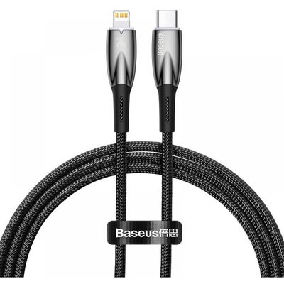 USB Type-C töltő- és adatkábel, Lightning, 100 cm, 2400mA, 20W, törésgátlóval, gyorstöltés, PD, Baseus Glimmer, CADH000001, fekete