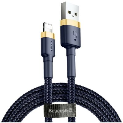 USB töltő- és adatkábel, Lightning, 100 cm, 2400 mA, törésgátlóval, gyorstöltés, cipőfűző minta, Baseus Cafule, CALKLF-BV3, sötétkék/arany