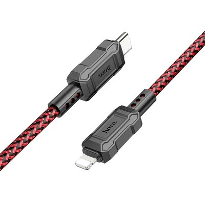 USB Type-C töltő- és adatkábel, Lightning, 100 cm, 2400mA, 20W, törésgátlóval, gyorstöltés, PD, QC, cipőfűző minta, Hoco X94 Leader, piros