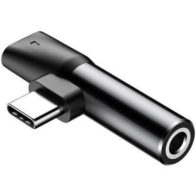 Audió és töltő adapter 2in1, elosztó, USB Type-C - USB Type-C töltő + 3.5 mm jack átalakító, 90 fokos/derékszögű csatlakozó, Baseus L41, fekete