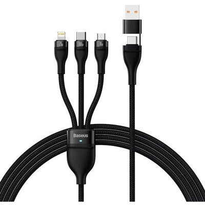 USB / USB Type-C töltő- és adatkábel 3in1, USB Type-C, Lightning, microUSB, 120 cm, 100W, törésgátlóval, gyorstöltés, PD, QC, cipőfűző minta, Baseus Flash Series 2, CASS030101, fekete