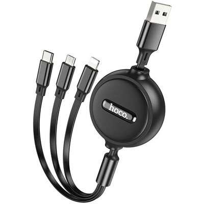 USB töltő- és adatkábel 3in1, USB Type-C, Lightning, microUSB, 100 cm, 2000mA, lapos, feltekerhető, Hoco X75, fekete