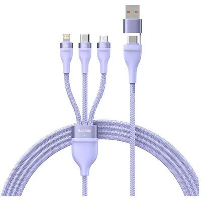 USB / USB Type-C töltő- és adatkábel 3in1, USB Type-C, Lightning, microUSB, 120 cm, 100W, törésgátlóval, gyorstöltés, PD, QC, cipőfűző minta, Baseus Flash Series 2, CASS030105, lila