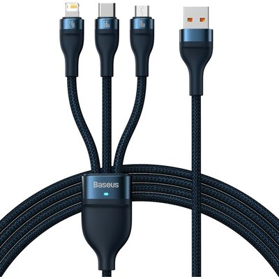 USB töltő- és adatkábel 3in1, USB Type-C, Lightning, microUSB, 120 cm, 6000 mAh, 66 W, törésgátlóval, gyorstöltés, cipőfűző minta, Baseus Flash Series 2, CASS040003, sötétkék