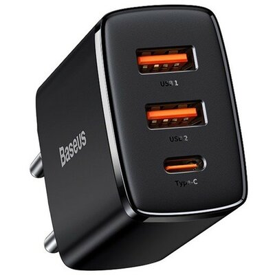 Hálózati töltő adapter, 30W, 2 x USB aljzat, USB Type-C aljzat, gyorstöltés, PD 3.0, QC 3.0, Baseus Compact, fekete