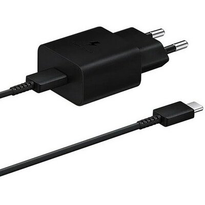 Hálózati töltő adapter, 15W, USB Type-C aljzat, USB Type-C kábellel, PD, gyorstöltés, Samsung, fekete, gyári