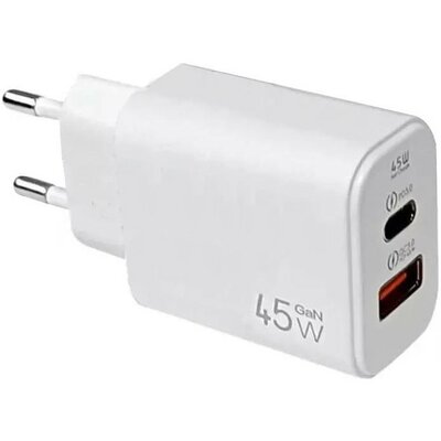 Hálózati töltő adapter, 45W, USB aljzat, USB Type-C aljzat, gyorstöltés, PD, QC, GaN, fehér