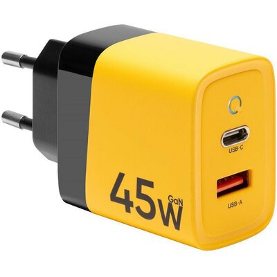 Hálózati töltő adapter, 45W, USB aljzat, USB Type-C aljzat, gyorstöltés, PD 3.0, QC 3.0, PPS, AFC, GaN, Tactical Microgrid GaN, sárga