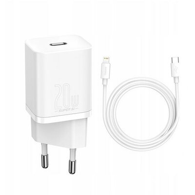 Hálózati töltő adapter, 20W, USB Type-C aljzat, USB Type-C - Lightning kábellel, gyorstöltés, PD, Baseus Si, fehér