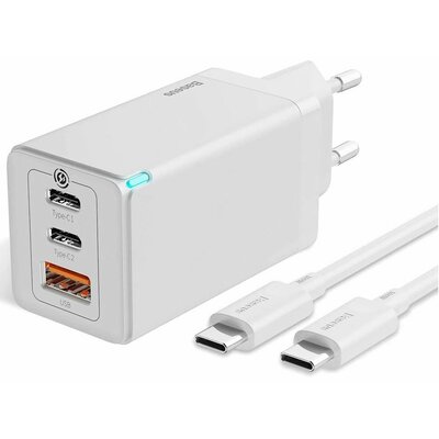 Hálózati töltő adapter, 65W, USB aljzat, 2 x USB Type-C aljzat, USB Type-C - USB Type-C kábellel, gyorstöltés, PD 3.0, QC 3.0, GaN5, Baseus GaN5 Pro, fehér