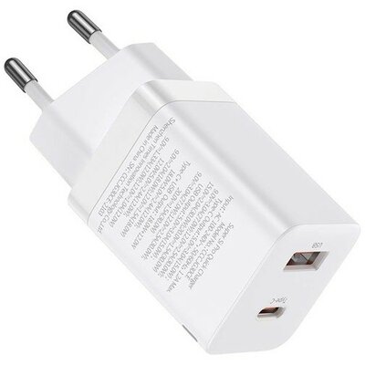 Hálózati töltő adapter, 30W, USB aljzat, USB Type-C aljzat, gyorstöltés, PD 3.0, QC 3.0, Baseus Super SI Pro, fehér