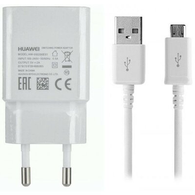 Hálózati töltő adapter, 5V / 1000 mAh, USB aljzat, microUSB kábellel, Huawei, fehér, gyári