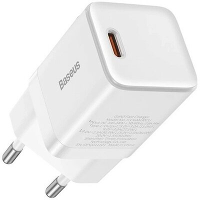 Hálózati töltő adapter, 30W, USB Type-C aljzat, gyorstöltés, PD 3.0, QC 4 Plus, GaN3, Baseus, fehér