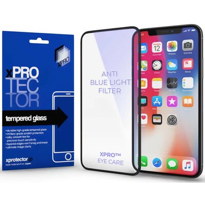 Apple iPhone 15, Kijelzővédő, ütésálló fólia (az íves részre is!), Tempered Glass (edzett üveg), kékfény elleni védelem. Xprotector Anti Blue Light, fekete