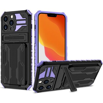 Apple iPhone XS Max, Műanyag hátlap védőtok szilikon belső, közepesen ütésálló, kitámasztóval, kártyatartóval, Wooze Transformer, fekete/lila