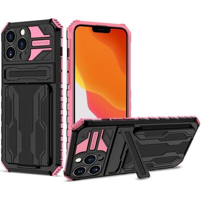 Apple iPhone 12 Pro, Műanyag hátlap védőtok szilikon belső, közepesen ütésálló, kitámasztóval, kártyatartóval, Wooze Transformer, fekete/rózsaszín