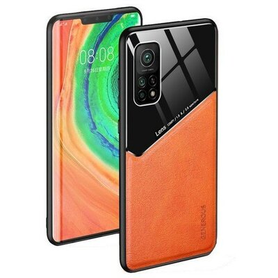 Xiaomi Poco X4 Pro 5G, Szilikon tok, bőr és plexi hátlap, közepesen ütésálló, mágneses tartóval kompatibilis, Wooze Texture, narancssárga