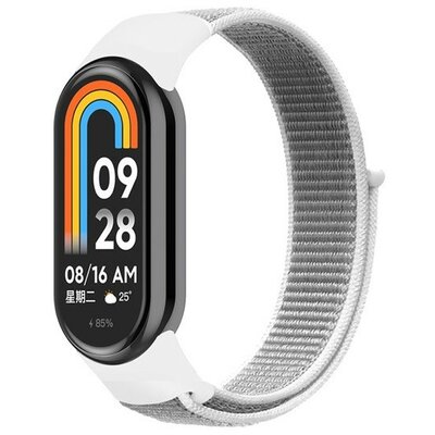 Xiaomi Mi Smart Band 8, textíl pótszíj, nylon, tépőzáras, állítható, légáteresztő, ezüst/fehér