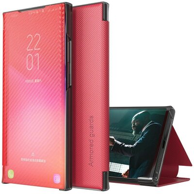 Samsung Galaxy M32 4G SM-M325F, Oldalra nyíló tok, stand, hívás mutatóval, kevlár minta, Wooze Smart View Cover Carbon, piros