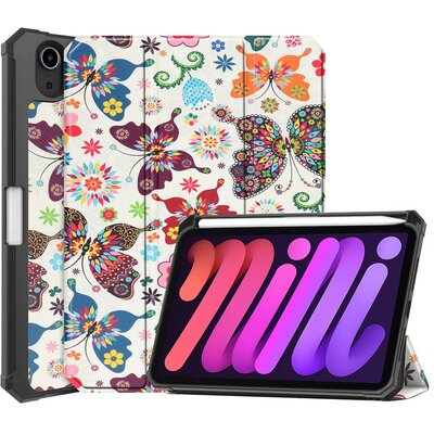 Apple iPad Mini (2021) (8.3), mappa tok, Apple Pencil tartóval, kis pillangó minta, Smart Case, Wooze New Style Trifold Case, fehér/színes